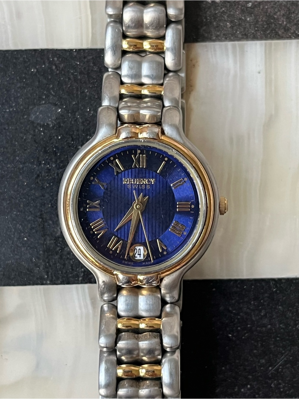 Womens Two Tone Regency Quartz Watch Blue Dial Date Stainless New Battery